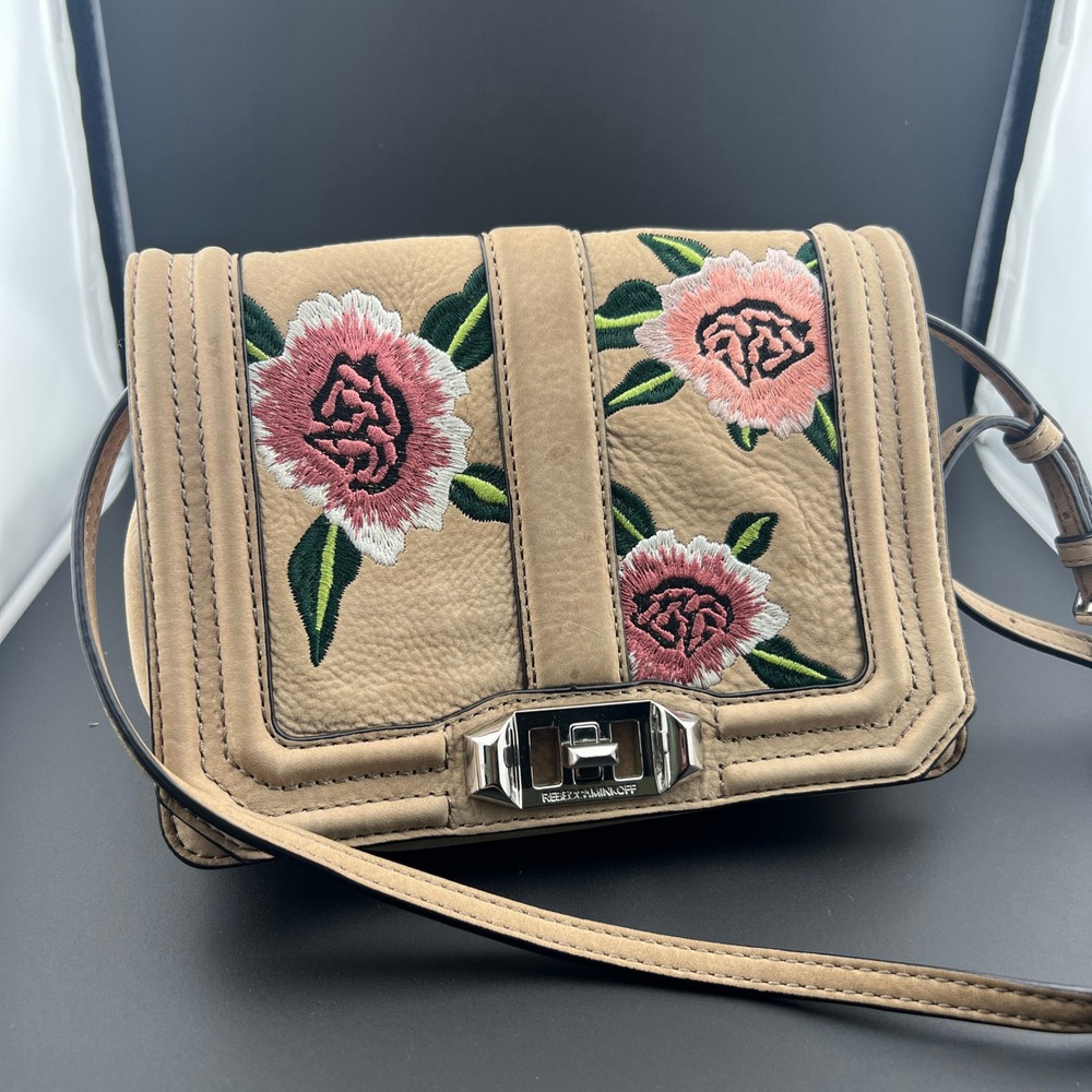 Rebecca‎ Minkoff Love Crossbody Bag Suede Floral Embroidered Silver Hardware